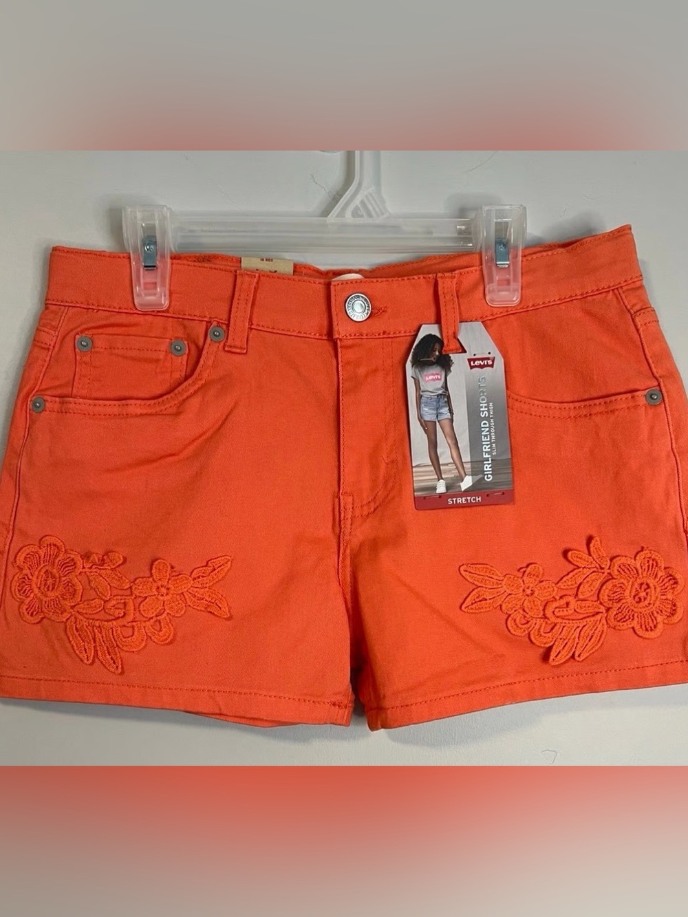 Levi's Orange Embroidered Girlfriend Stretch Shorts Sz 10 new